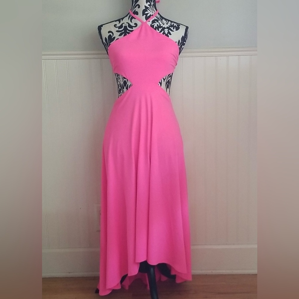 Susana Monaco Cutout-waist High low halter Midi Dress tie back Pink small